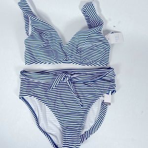 Time and Tru High Waisted Striped Bikini Size 12-14 Blue and White